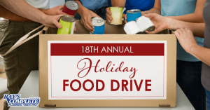 18th Annual Holiday Food Drive Flyer - photo of people loading canned goods into a box